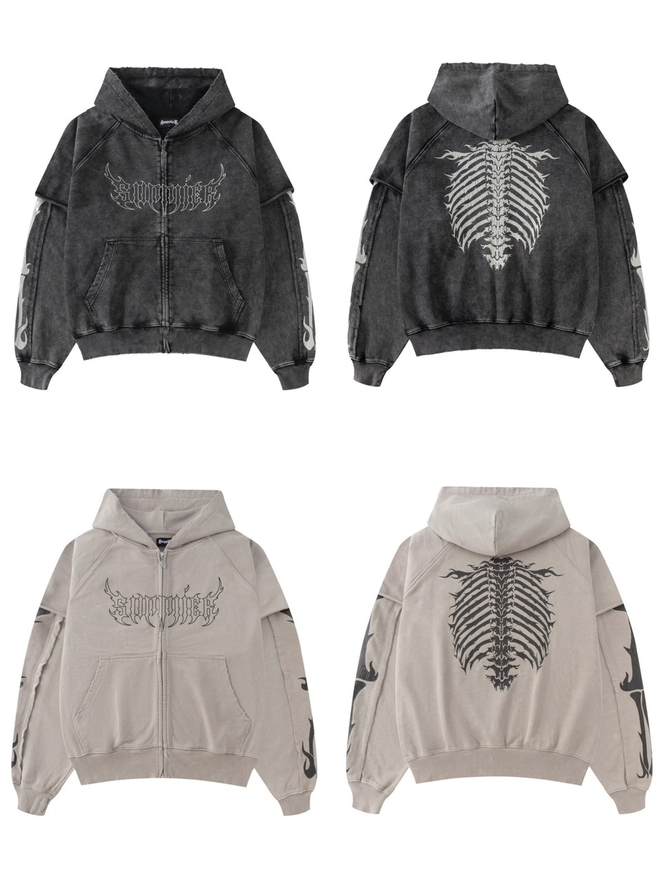 SUPPLIER】Fire Bones Layered Sleeve Zip Hoodie | OUR BRAND
