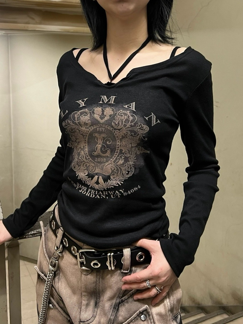 受注制【XU DOG】v neck vintage print long sleeve tee (3color
