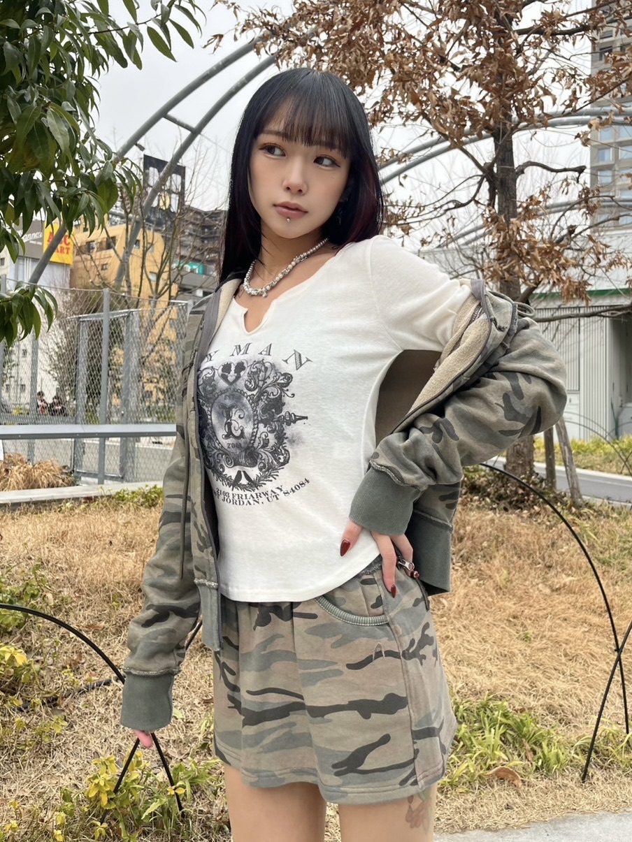 Never mind the XU】v neck vintage print long sleeve tee (3color