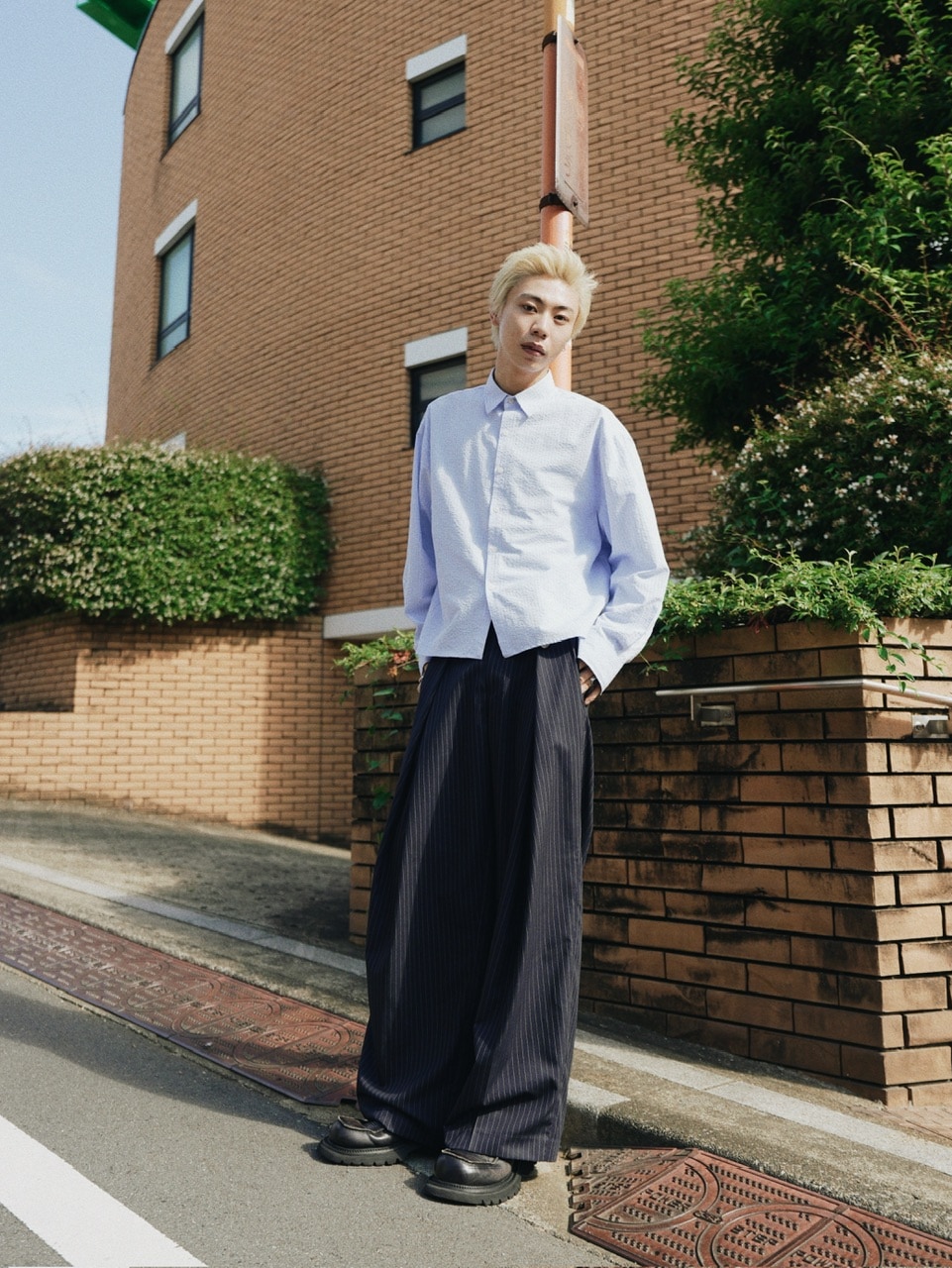 CS】stripe cross tuck drape slacks (navy) | OUR BRAND,Chikashitsu