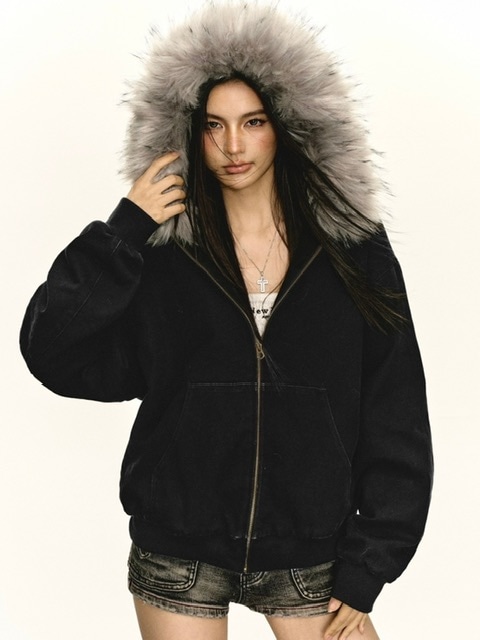 【AP STUDIO】Warm Zip Hoodie  ☆クリーニング済み☆ Grey Wash Oversized Zip Up Hoodie with Abstract Print