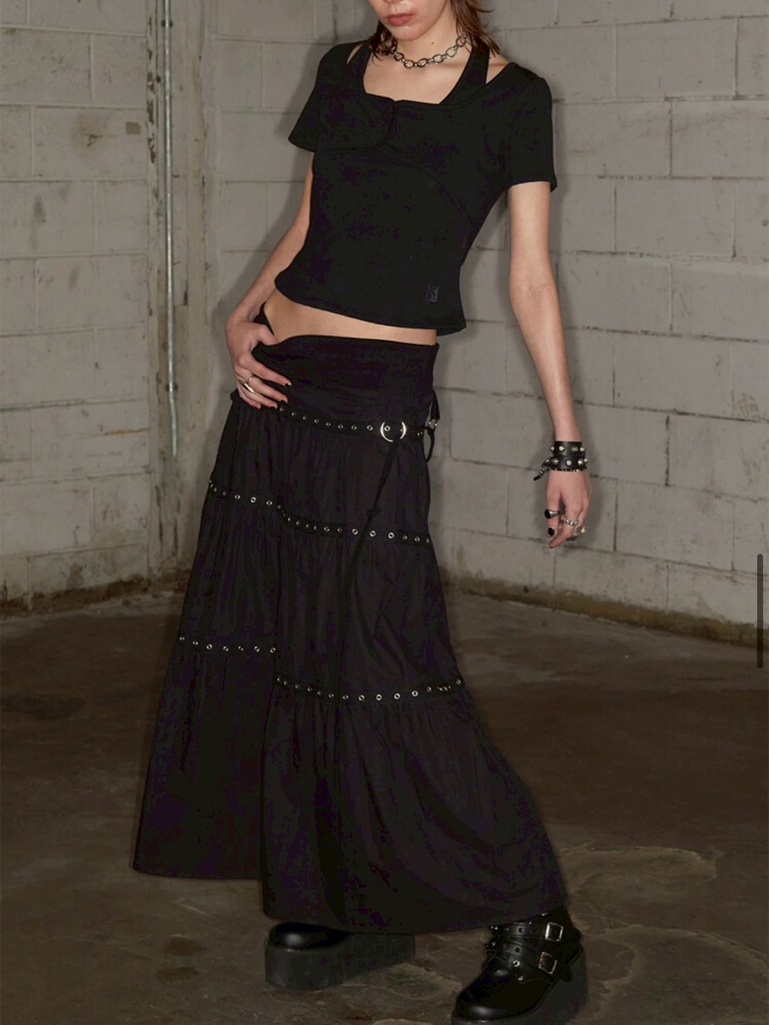 【NOT KNOWING】Tiered Eyelet Maxi Skirt / 【ノットノーイング】ティアードアイレットマキシスカート