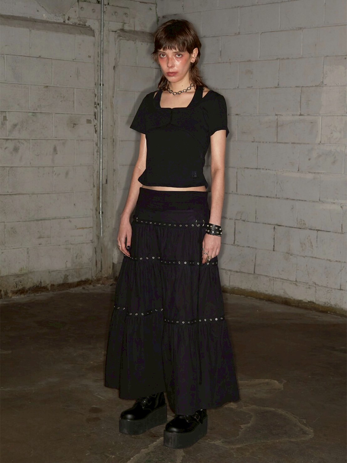【NOT KNOWING】Tiered Eyelet Maxi Skirt / 【ノットノーイング】ティアードアイレットマキシスカート