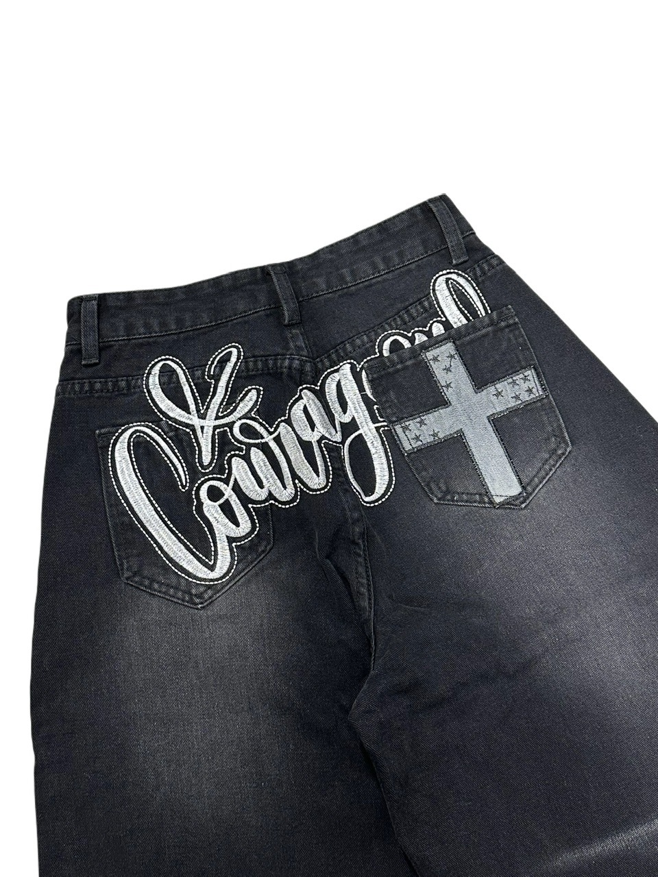 バージョンオブユー/バック 受注制【Never mind the XU】back print wide denim pants