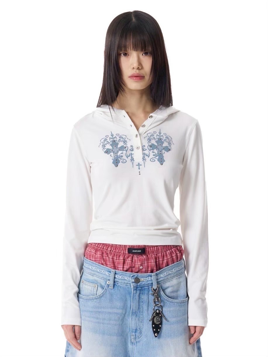 AAKAM】Studded CROS2 Hooded Long Sleeve | OUR BRAND,AAKAM