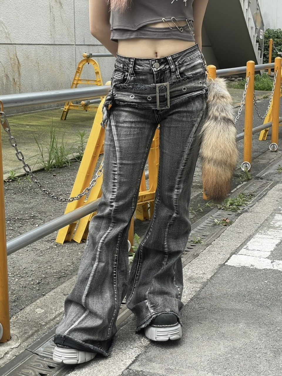 受注制【Never mind the XU】belt flare denim pants 2 (2color) | OUR