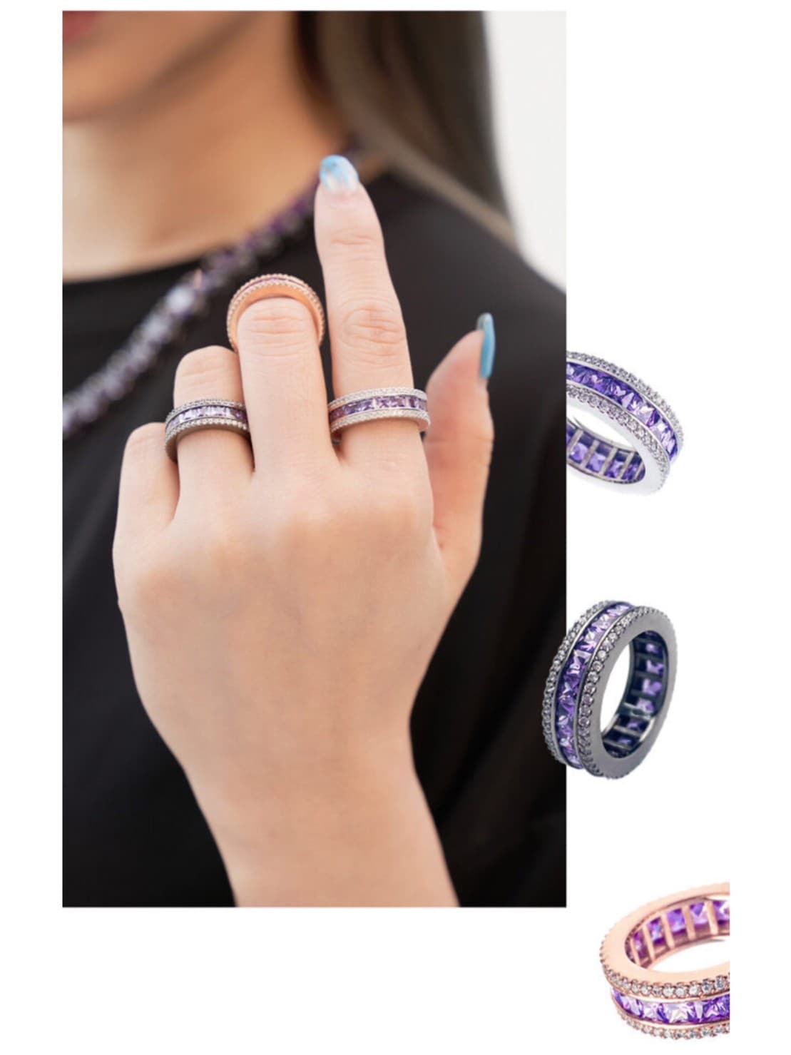 【BLACK PURPLE】AAA DIA CRYSTAL 3-LINE RING