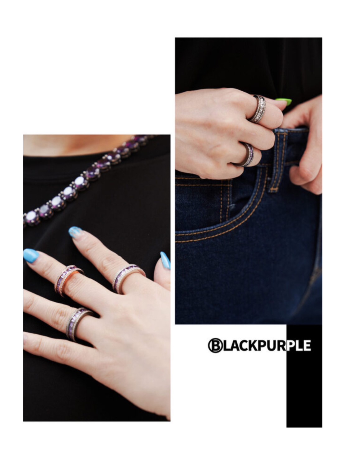 BLACK PURPLE】AAA DIA CRYSTAL 3-LINE RING | OUR BRAND,BLACK