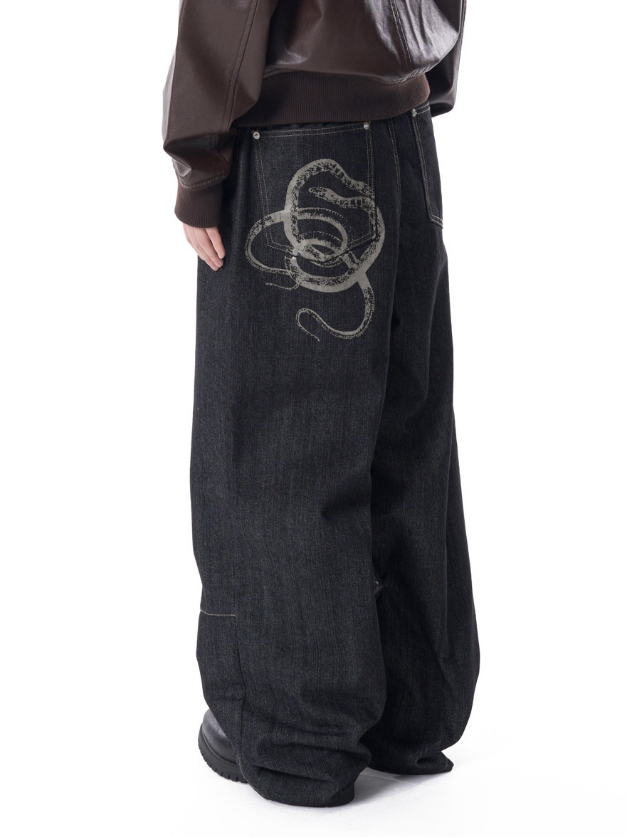 【AAKAM】Snake Printed Denim Pants