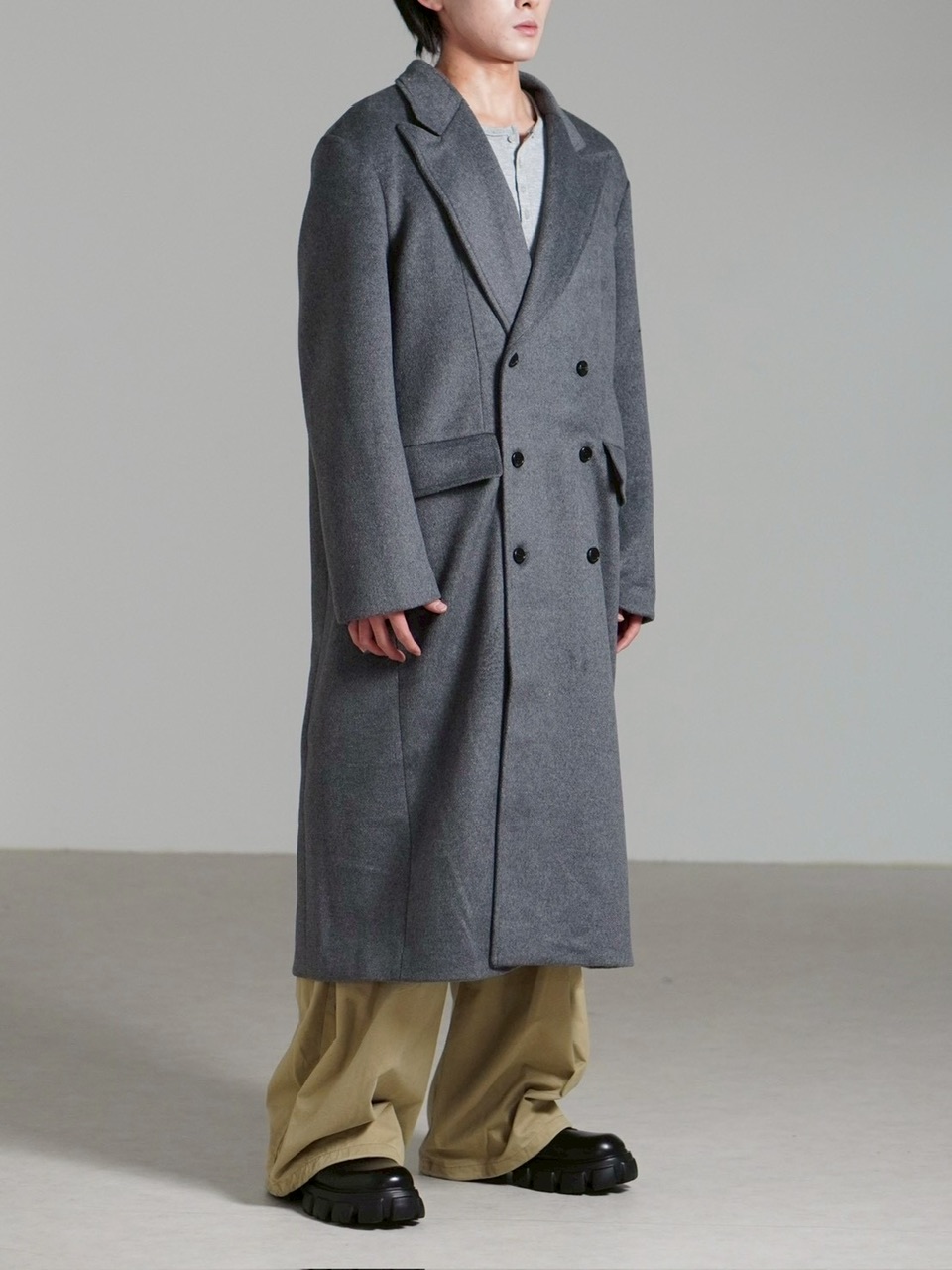 【Chikashitsu +】overfit cashmere blend double long coat / 【チカシツプラス】オーバーフィットカシミヤブレンドダブルロングコート (3color)