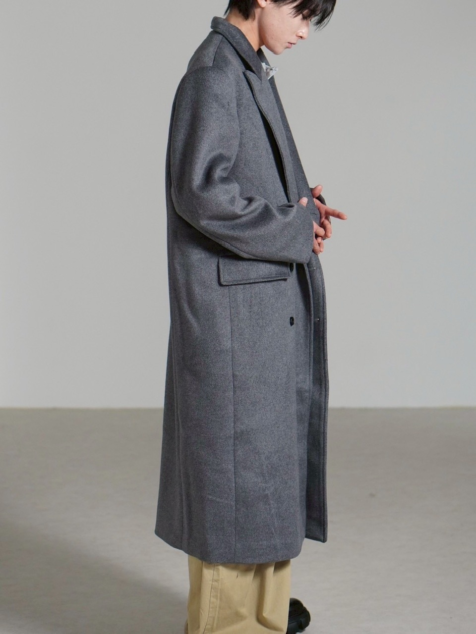 【Chikashitsu +】overfit cashmere blend double long coat / 【チカシツプラス】オーバーフィットカシミヤブレンドダブルロングコート (3color)