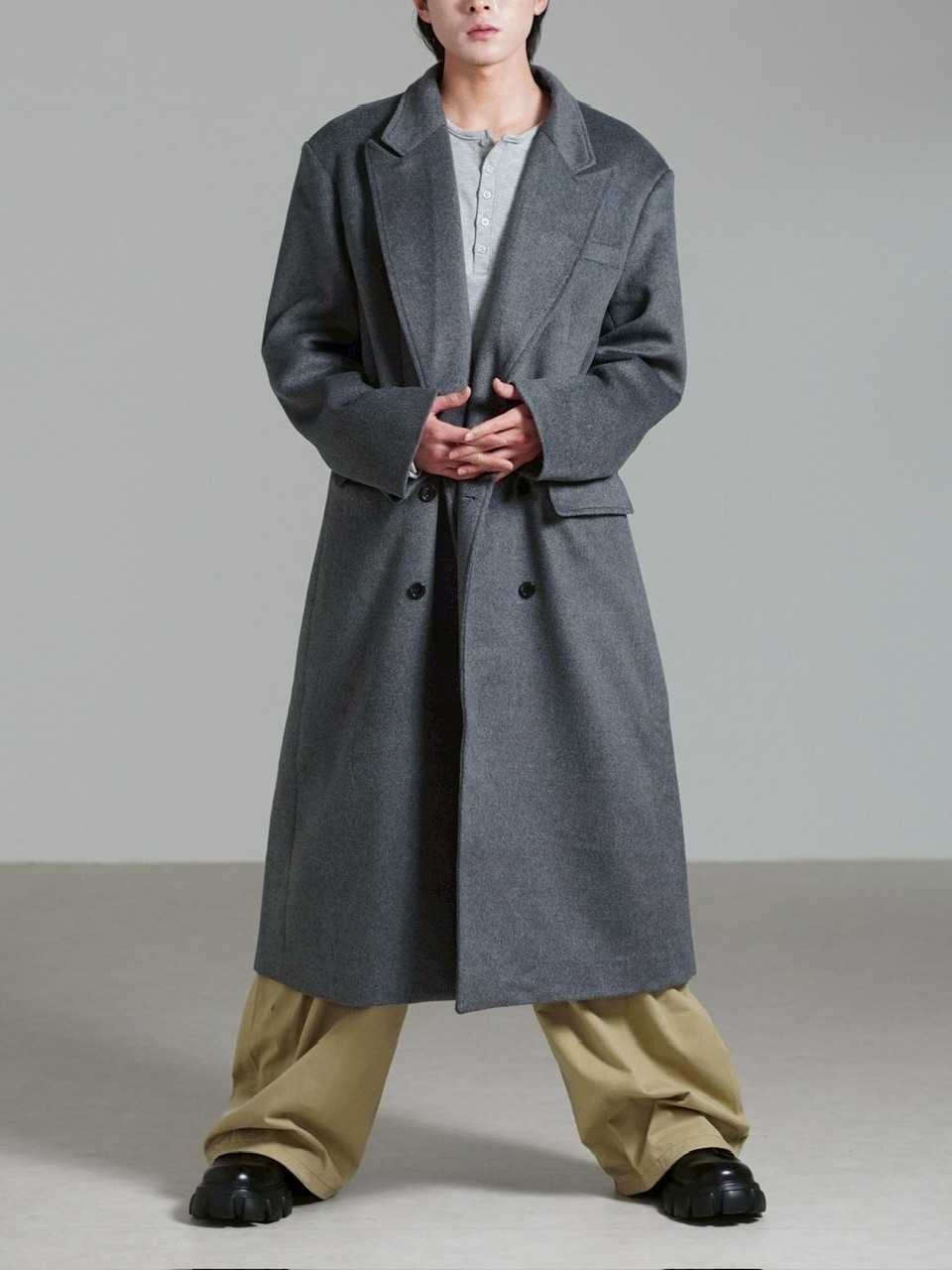 【Chikashitsu +】overfit cashmere blend double long coat / 【チカシツプラス】オーバーフィットカシミヤブレンドダブルロングコート (3color)