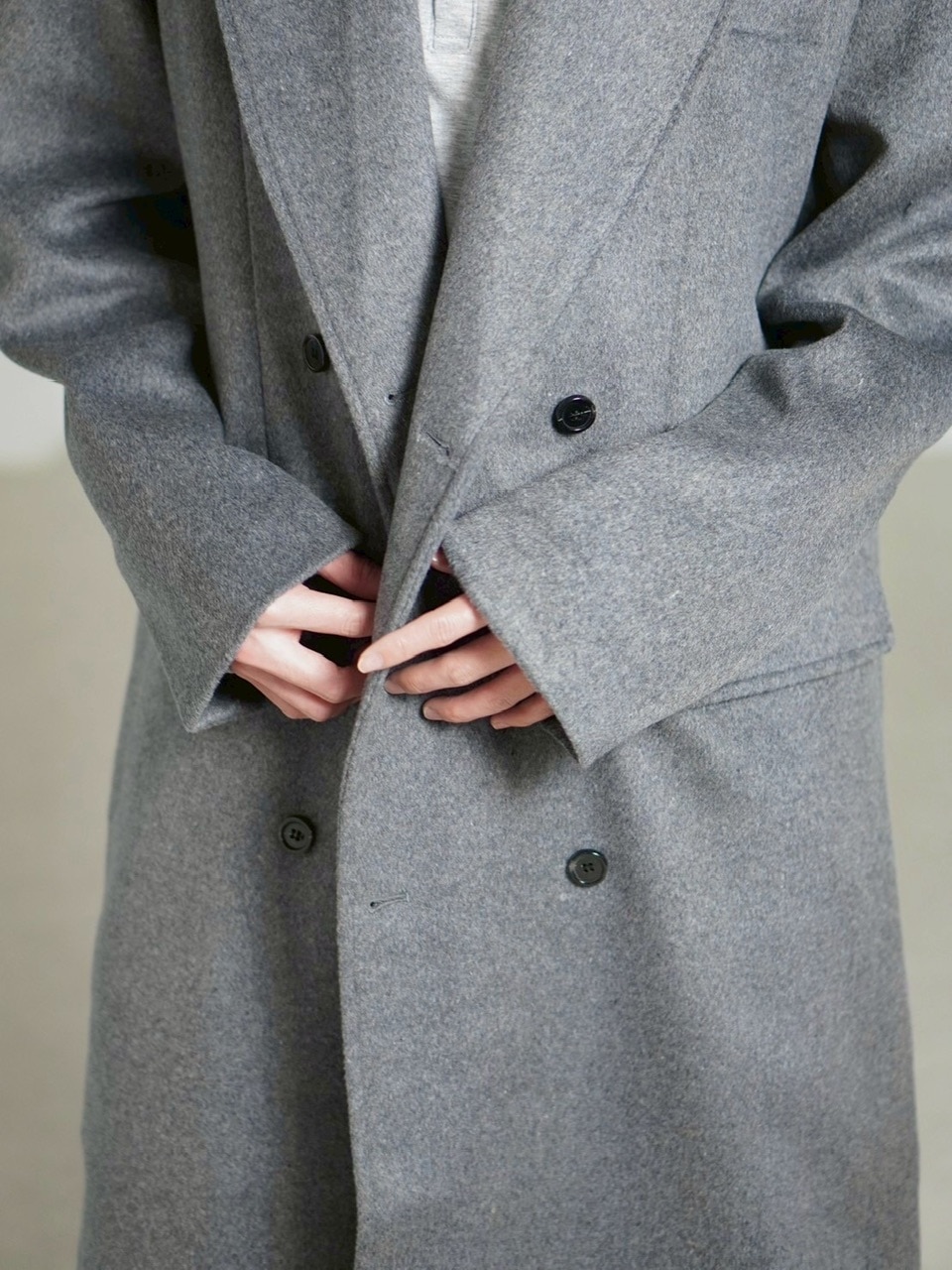 【Chikashitsu +】overfit cashmere blend double long coat / 【チカシツプラス】オーバーフィットカシミヤブレンドダブルロングコート (3color)