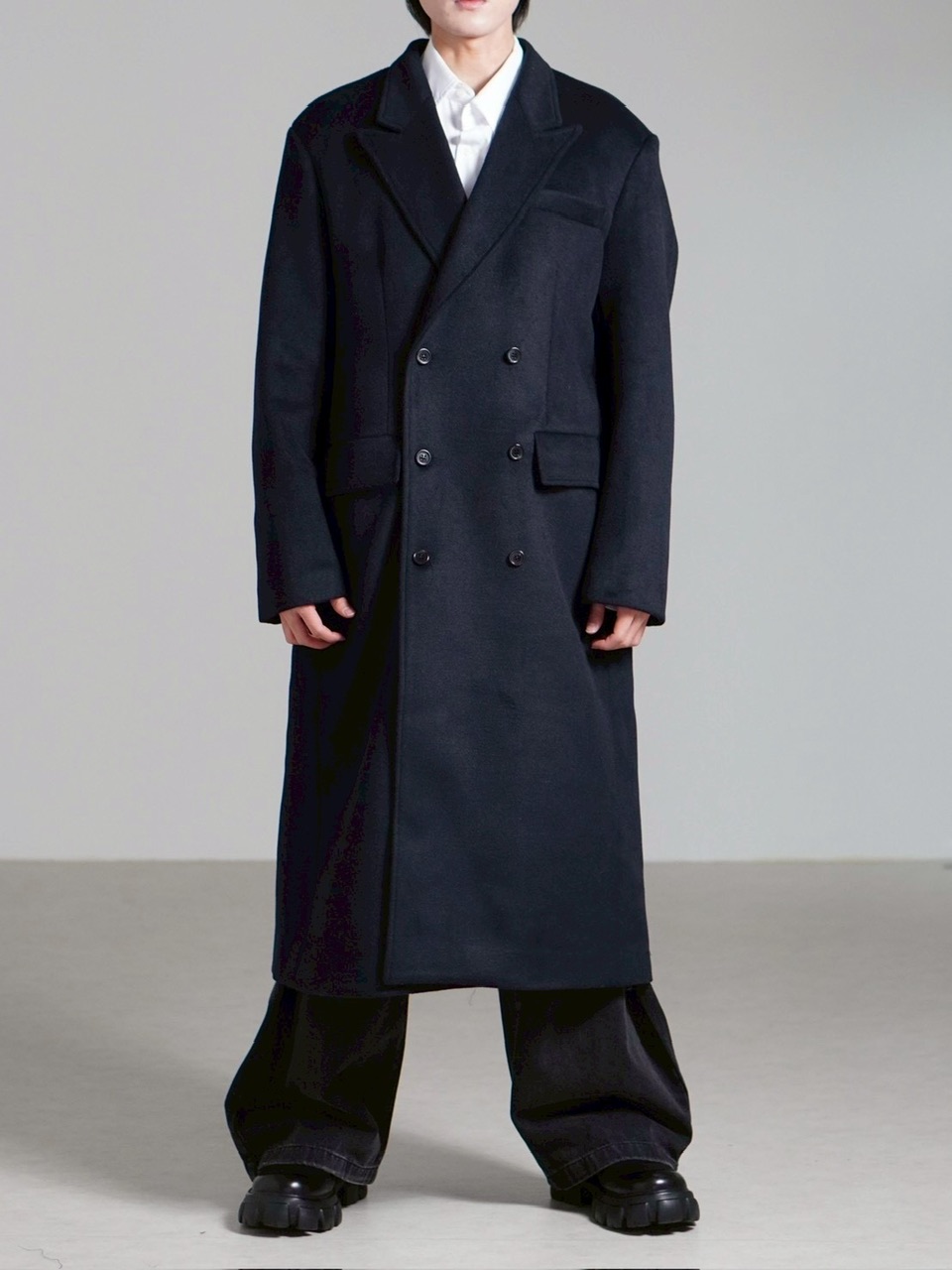【Chikashitsu +】overfit cashmere blend double long coat / 【チカシツプラス】オーバーフィットカシミヤブレンドダブルロングコート (3color)