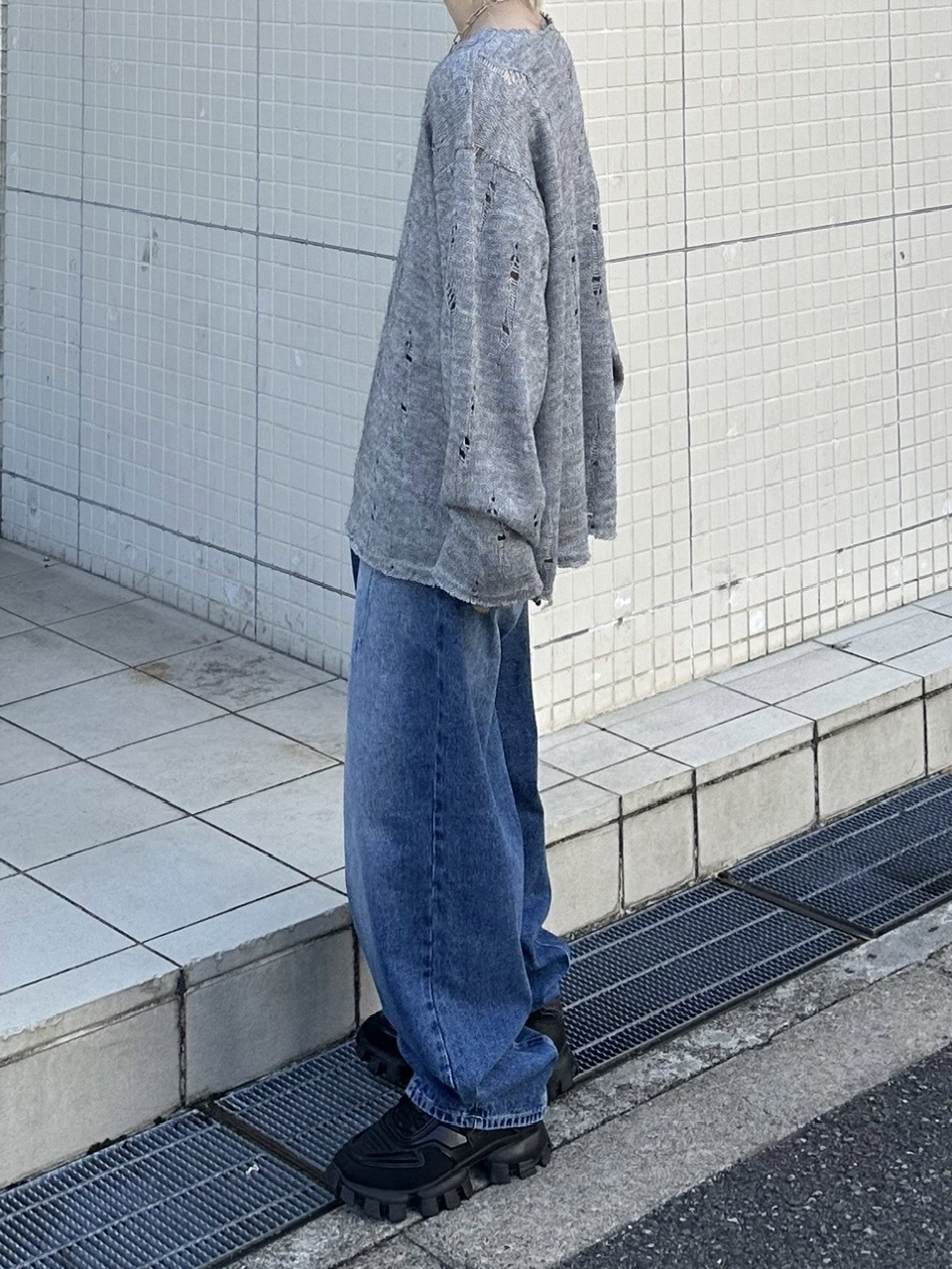 パンツ Chikashitsu + washing wide denim pant Chikashitsu +】design washing wide denim pants (2color