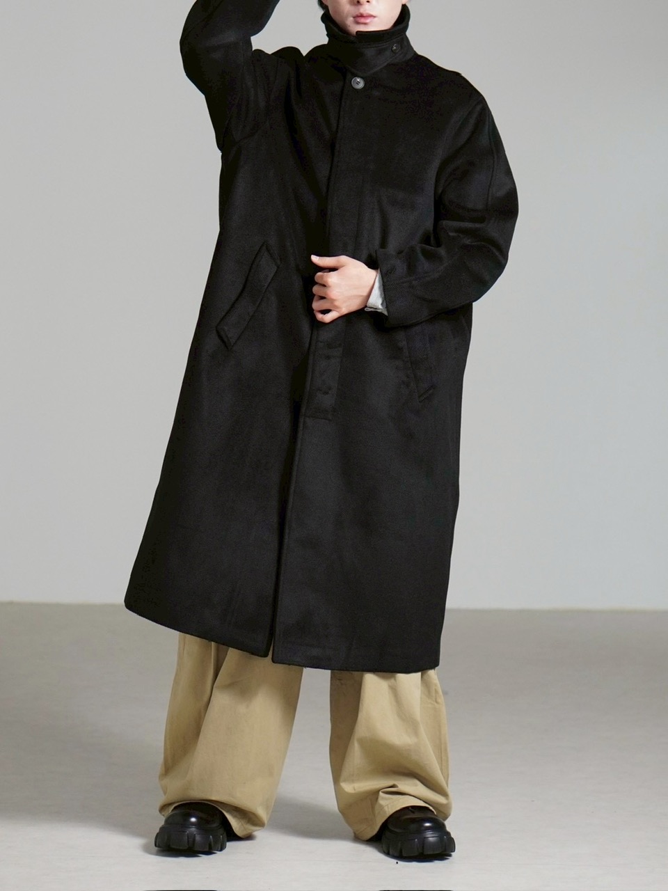 受注制【Chikashitsu +】high neck wool blend long coat / 【チカシツプラス】ハイネックウールブレンドロングコート (2color)