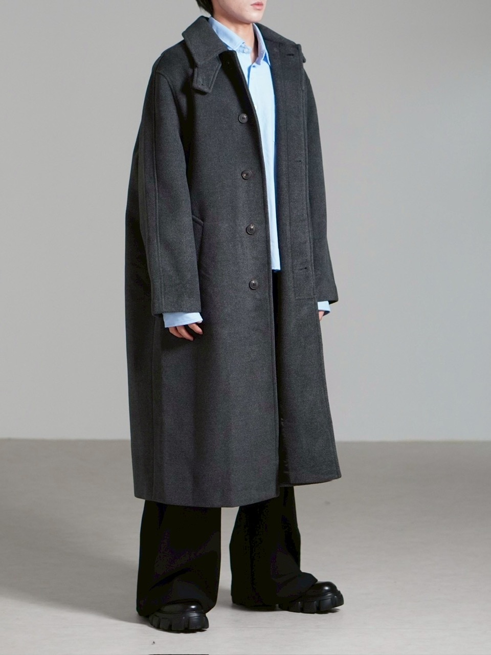 受注制【Chikashitsu +】high neck wool blend long coat / 【チカシツプラス】ハイネックウールブレンドロングコート (2color)