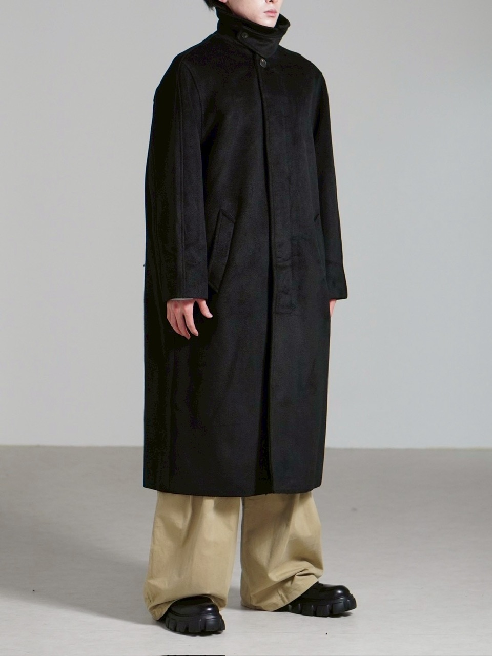 受注制【Chikashitsu +】high neck wool blend long coat / 【チカシツプラス】ハイネックウールブレンドロングコート (2color)
