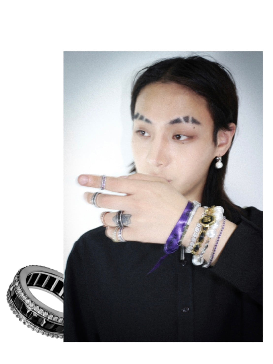 【BLACK PURPLE】AAA DIA CRYSTAL 3-LINE RING (BLACK)