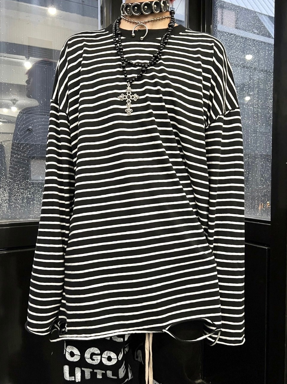 受注制【Never mind the XU】stripe damage long sleeve tee