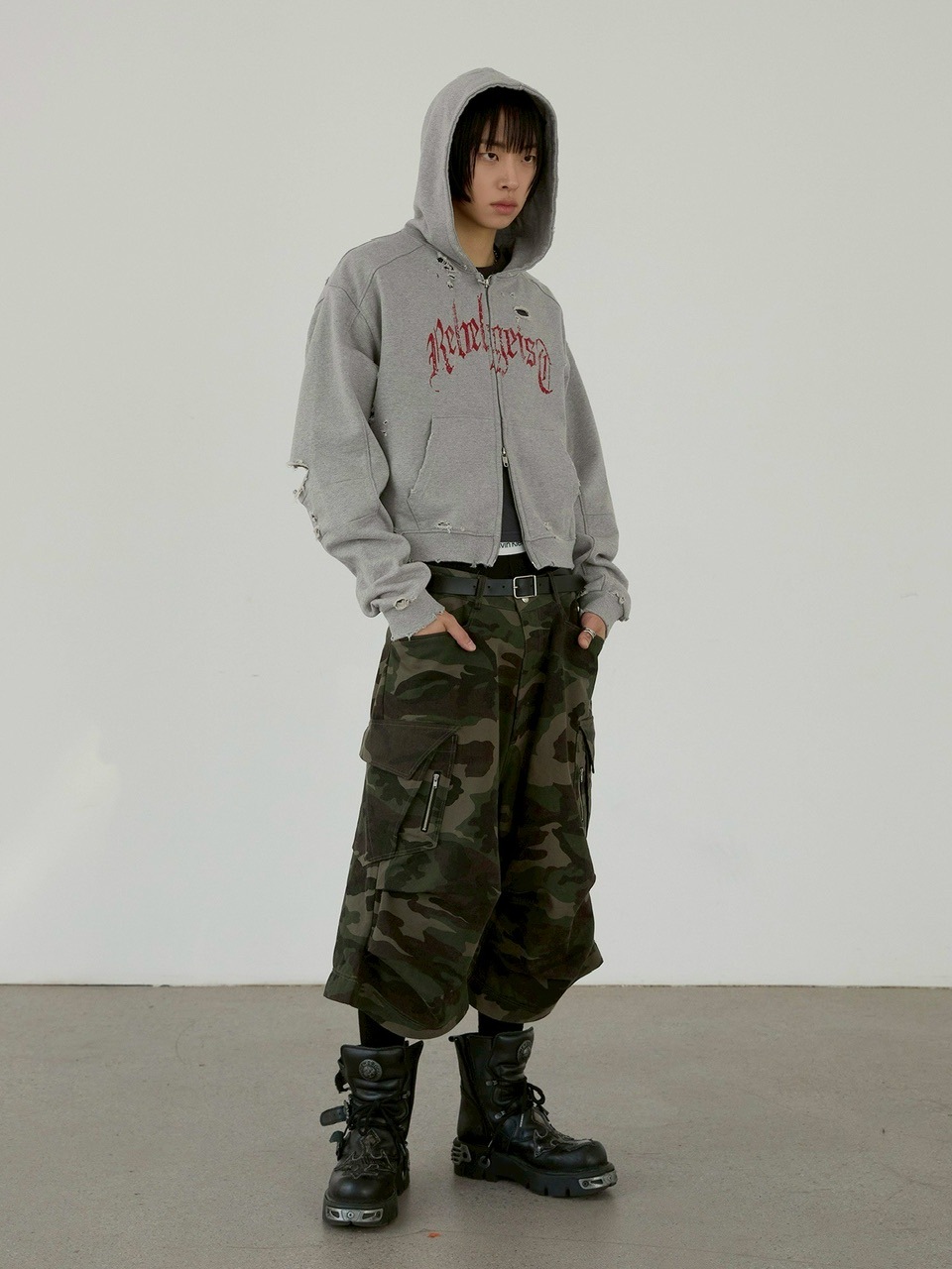 ANOTHERYOUTH】damaged crop zip-up hoodie | OUR BRAND