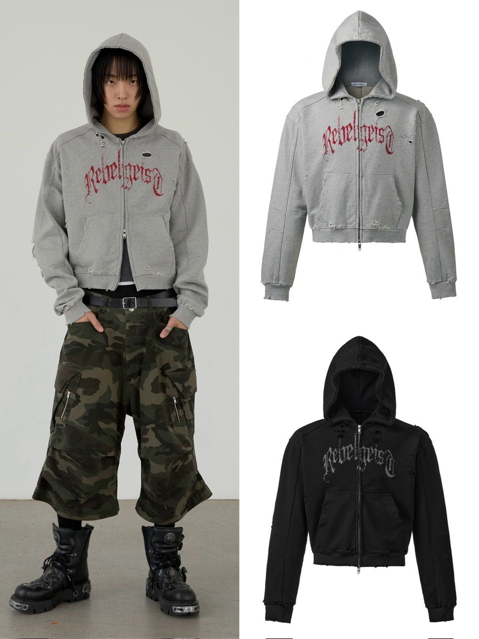 ANOTHERYOUTH】damaged crop zip-up hoodie | OUR BRAND,ANOTHERYOUTH