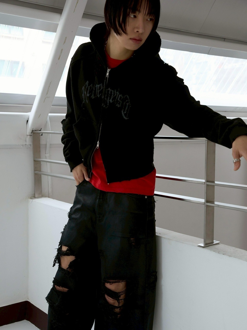 ANOTHERYOUTH】damaged crop zip-up hoodie | OUR BRAND