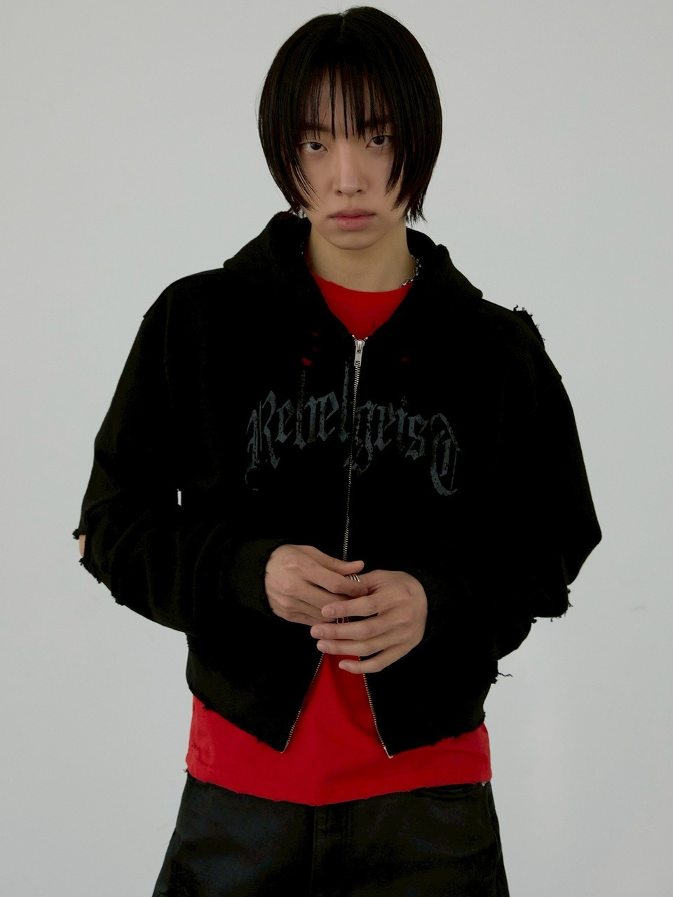 ANOTHERYOUTH】damaged crop zip-up hoodie | OUR BRAND