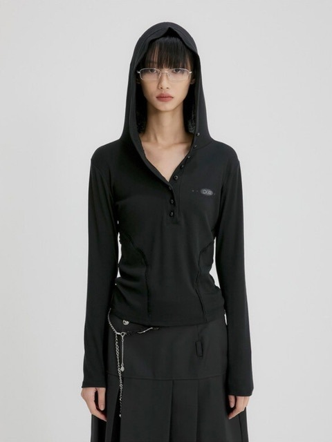 【FLAREUP】Button Up Lace Hoodie / 【フレアアップ】ボタンアップレースフードロングTシャツ