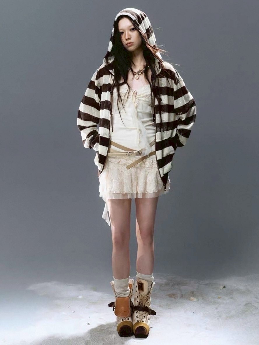 【Cest Nous】Striped Beaded Hoodie / 【セヌー】ボーダーシースルージップパーカー