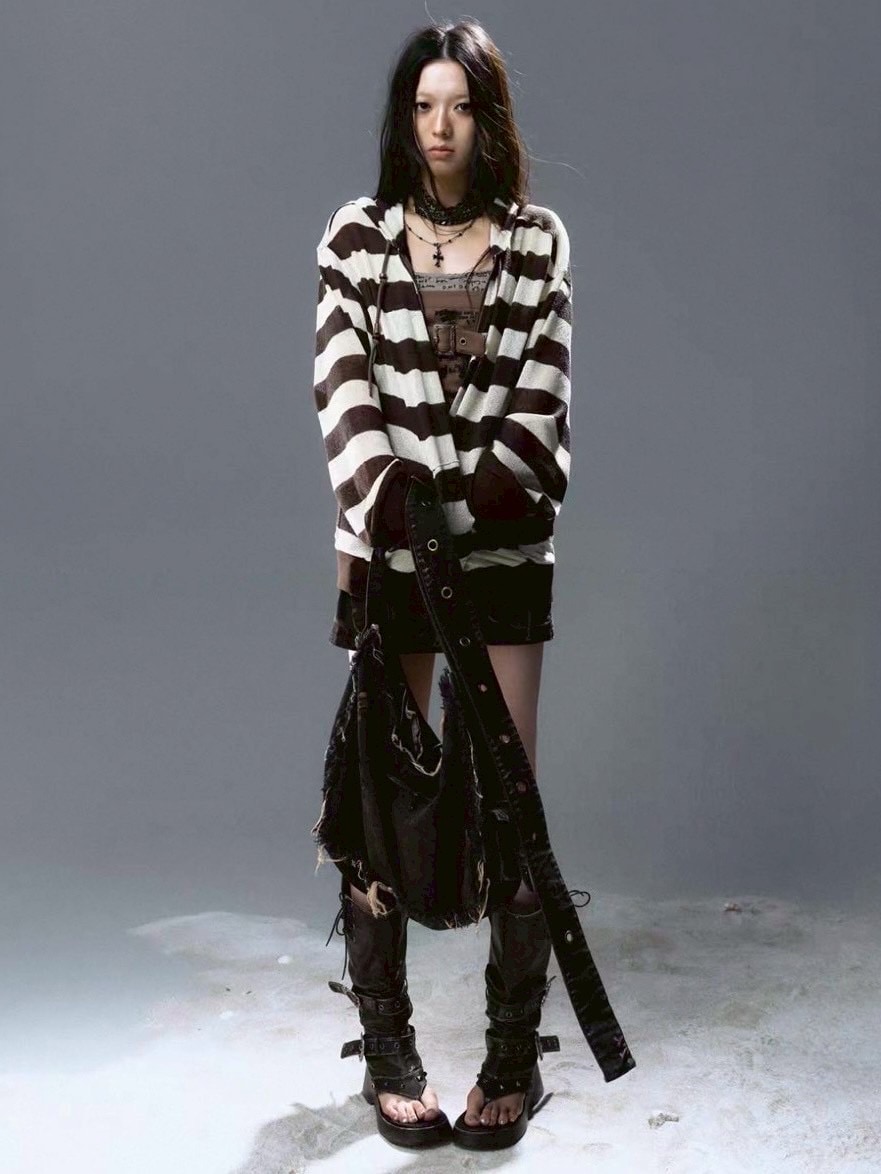 【Cest Nous】Striped Beaded Hoodie / 【セヌー】ボーダーシースルージップパーカー