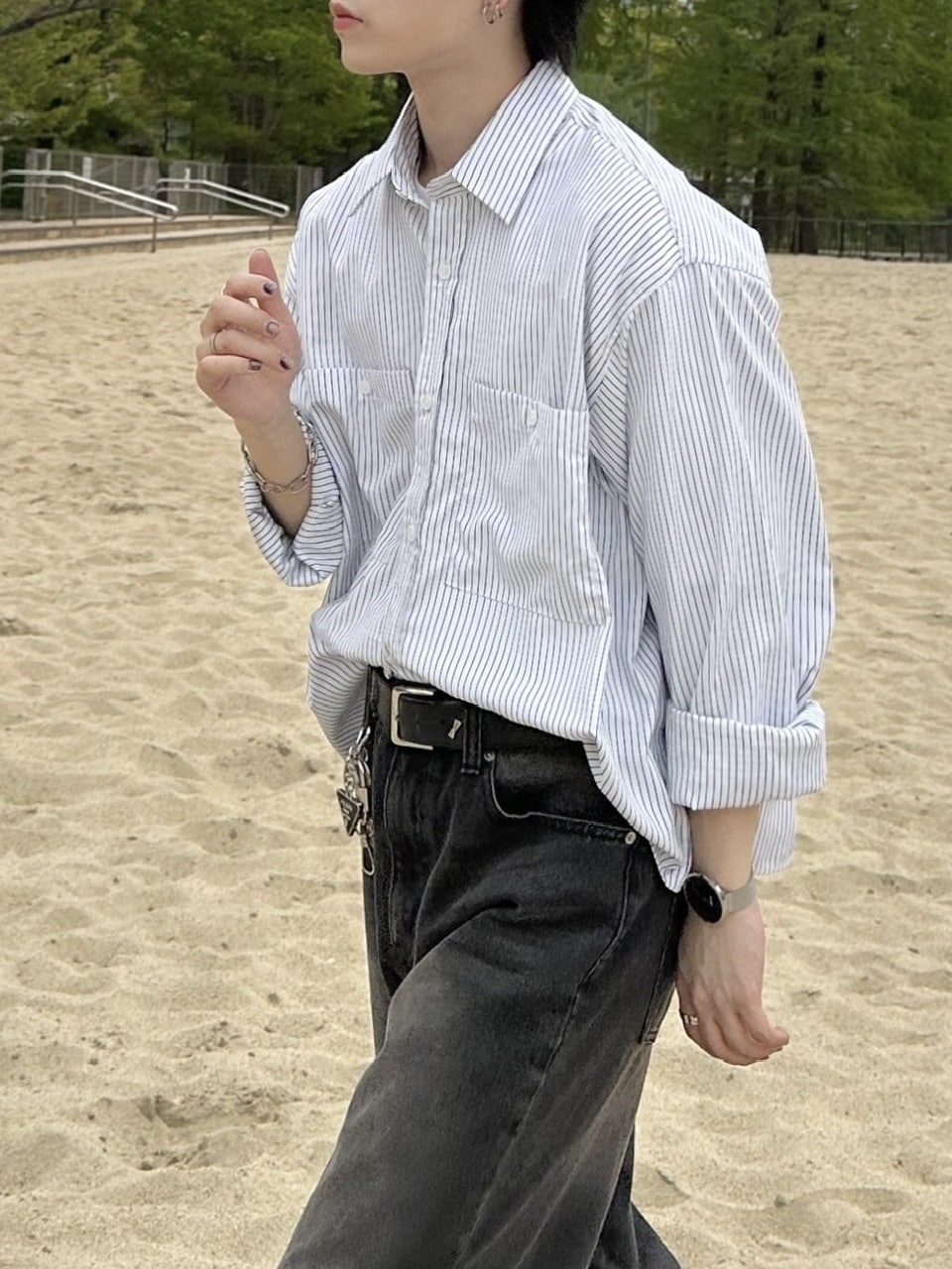 Chikashitsu + CS ストライプシャツ 大阪店WEB限定受注制【Chikashitsu +】cropped stripe shirts