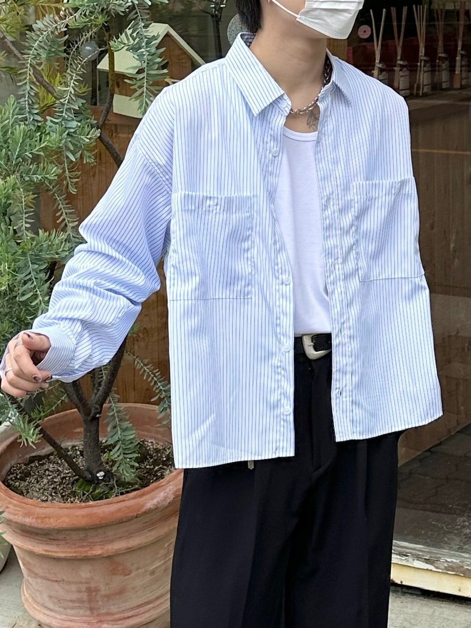 大阪店WEB限定受注制【Chikashitsu +】cropped stripe shirts