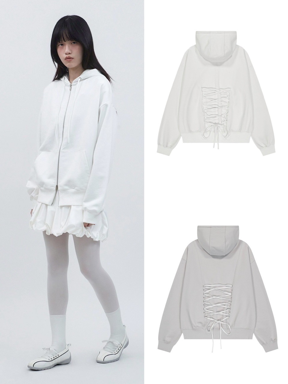 トップス COYSEIO RUFFLE LACE HOOD ZIP-UP WHITE Coyseio Ruffle Lace Hood Zip-Up - White | 하이츠스토어