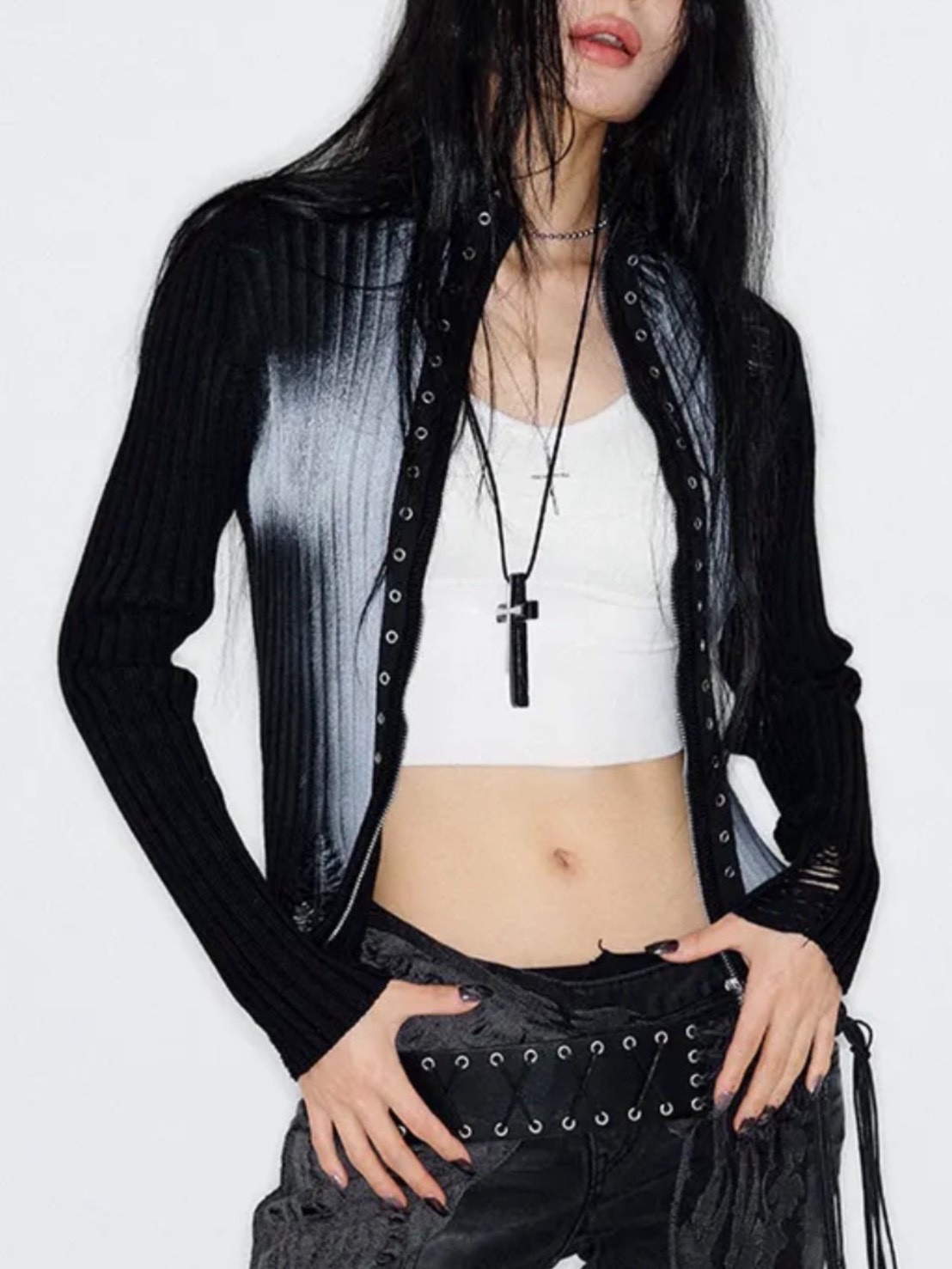 NOT KNOWING】Cross Spray Damaged Knit Zip Up | OUR BRAND,NOT