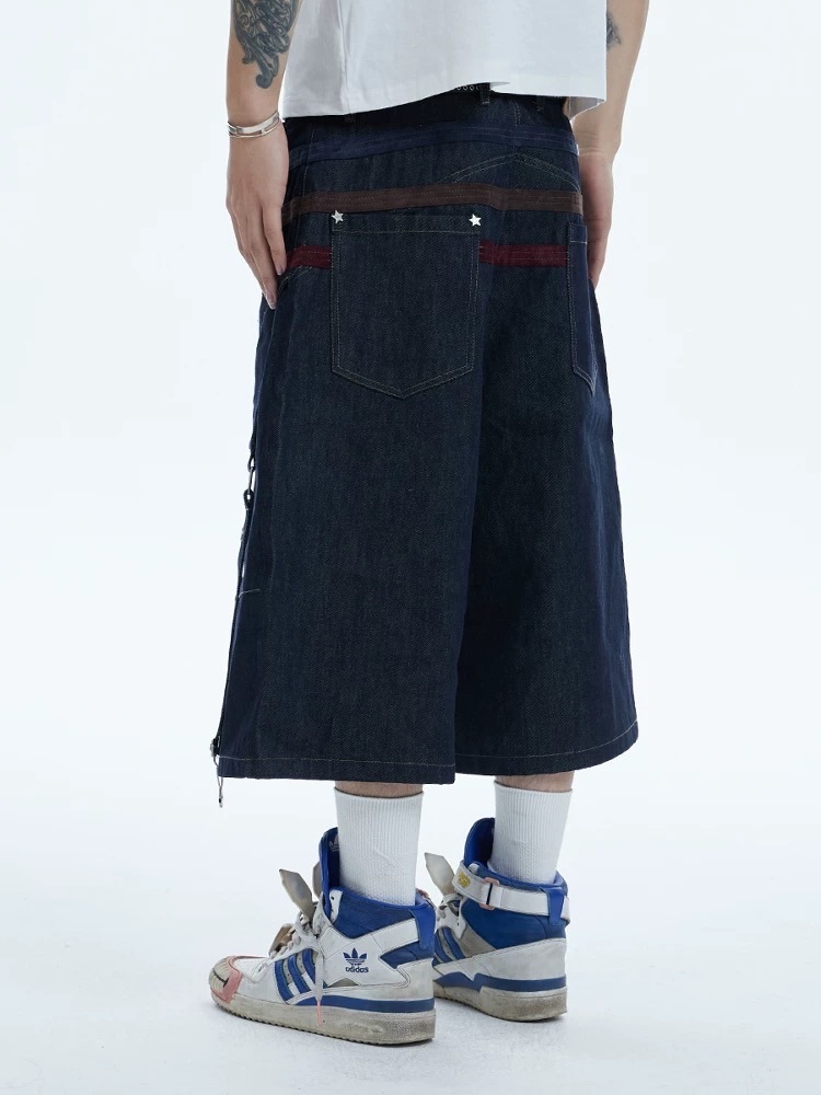国内で当店のみ DND4DES - Cross Panel Denim Shorts DND4DES Croc Cross Panel Washed Bermuda Denim Shorts
