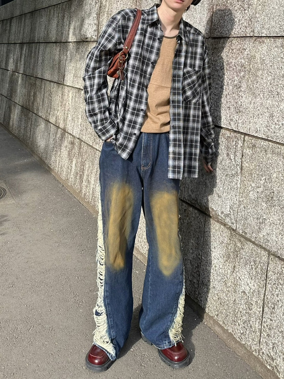 受注制【skeletons】side damage washing denim pants