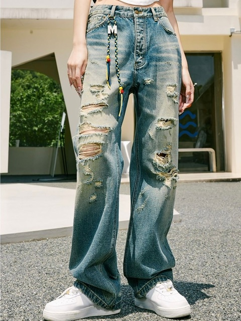 MEDM ミスターエンジョイダマネー デニム エウォッシュ ジーンズ MR. ENJOY DA MONEY】M buckle water to wash the hole jeans