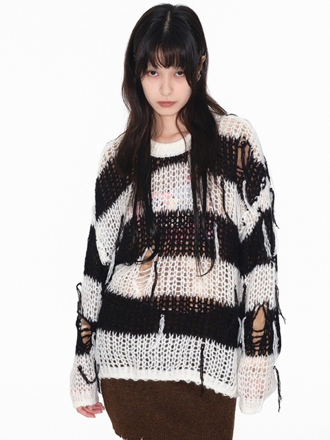 【YOUTHBATH】 Stripepartialdamageknit_pink YOUTHBATH】 Stripepartialdamageknit_pink