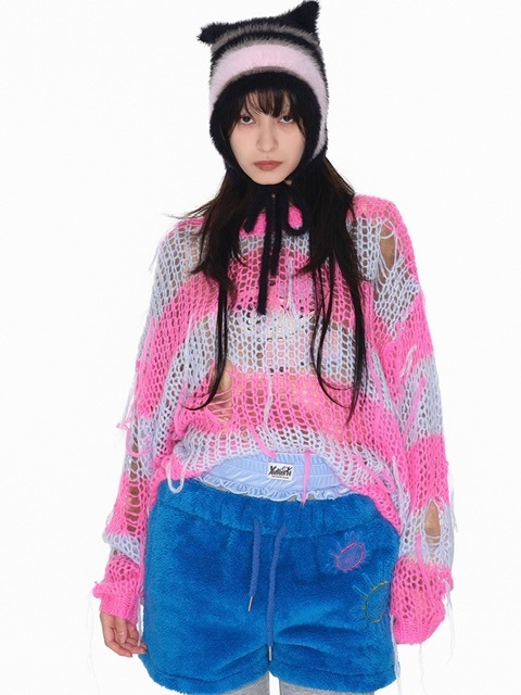 【YOUTHBATH】 Stripepartialdamageknit_pink YOUTHBATH】Stripe partial damage knit / 【ユースバス】ストライプ