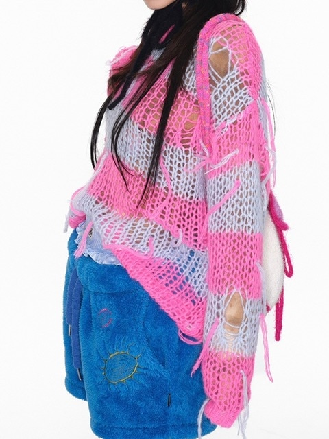 【YOUTHBATH】 Stripepartialdamageknit_pink YOUTHBATH】Stripe partial damage knit / 【ユースバス】ストライプ