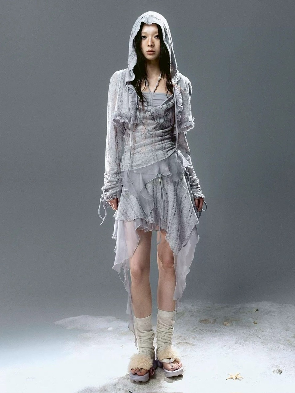 【Cest Nous】Misty Blue Cardigan  / 【セヌー】フードフリルシースルーカーディガン