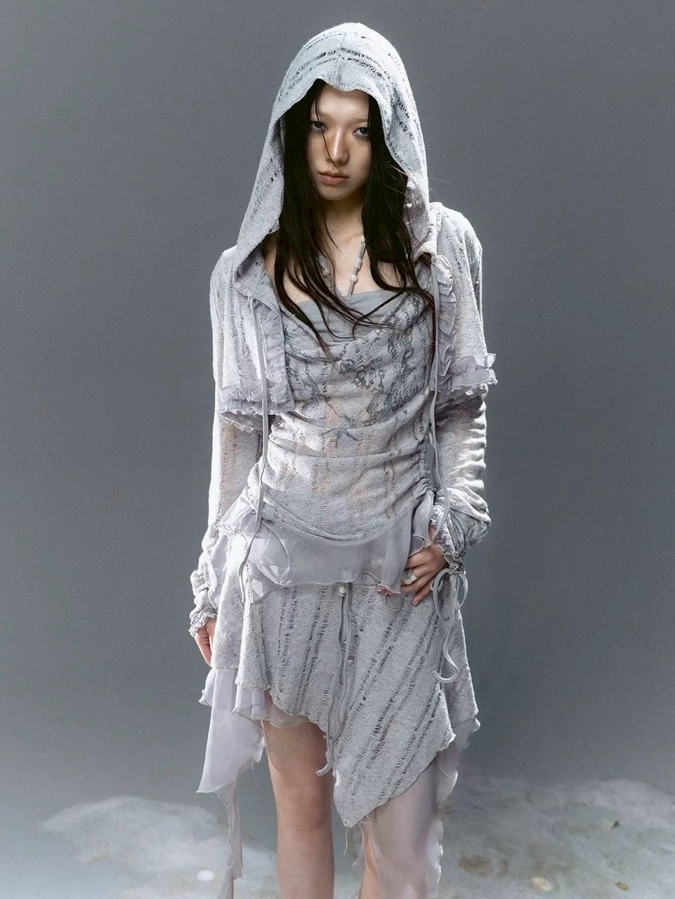 【Cest Nous】Misty Blue Cardigan  / 【セヌー】フードフリルシースルーカーディガン