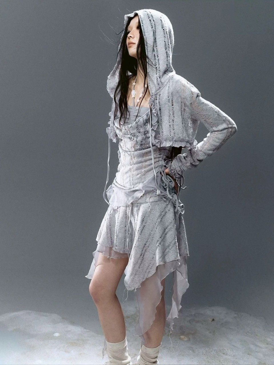 【Cest Nous】Misty Blue Cardigan  / 【セヌー】フードフリルシースルーカーディガン