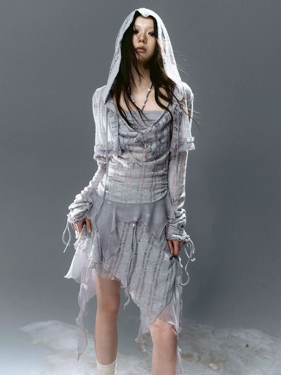 【Cest Nous】Misty Blue Cardigan  / 【セヌー】フードフリルシースルーカーディガン