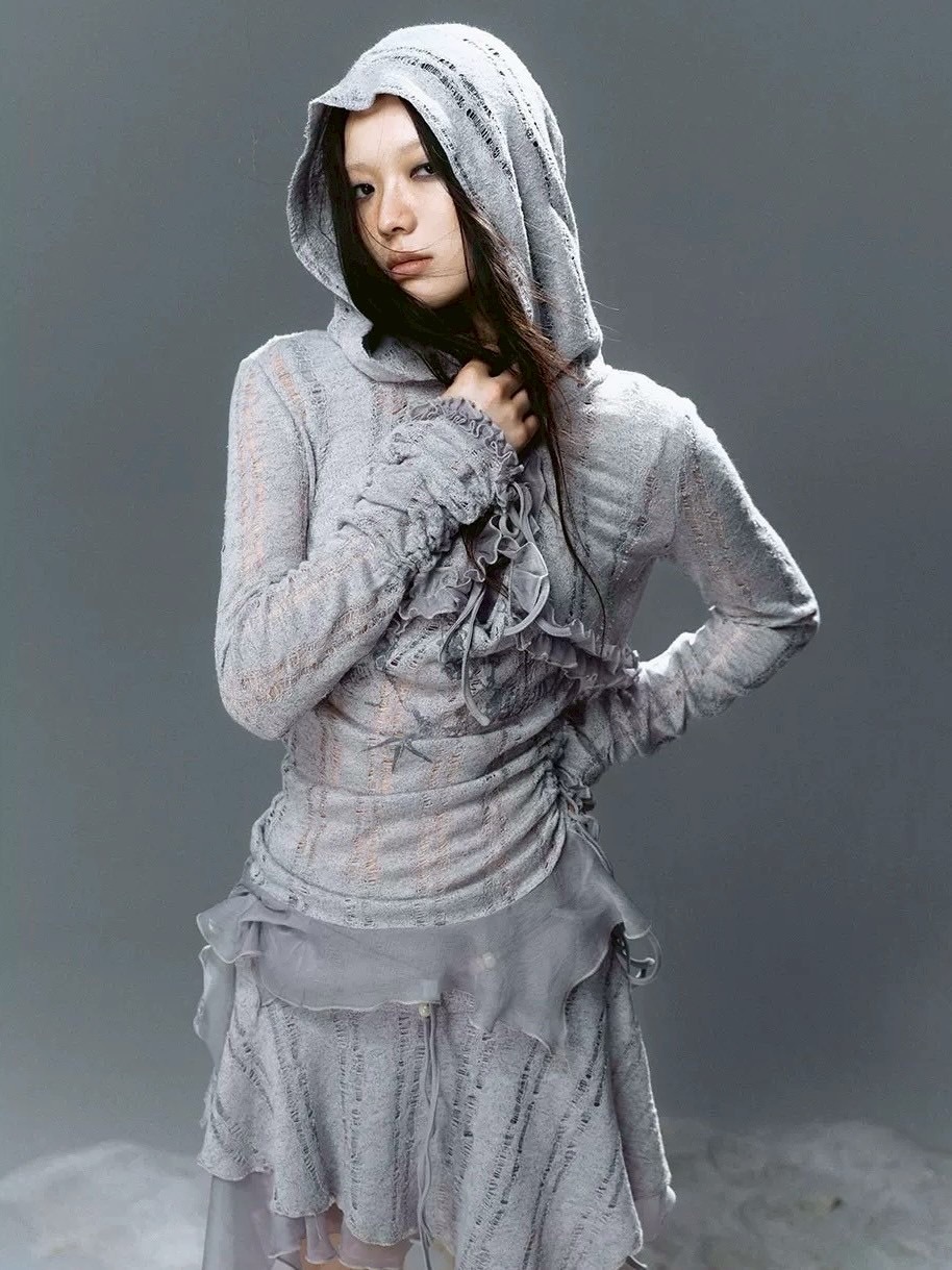 【Cest Nous】Misty Blue Cardigan  / 【セヌー】フードフリルシースルーカーディガン