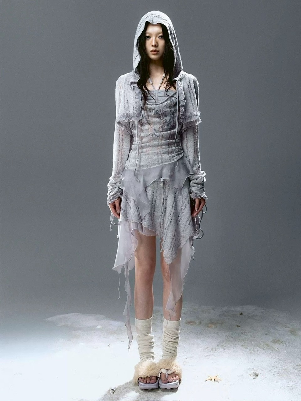 【Cest Nous】Misty Blue Cardigan  / 【セヌー】フードフリルシースルーカーディガン