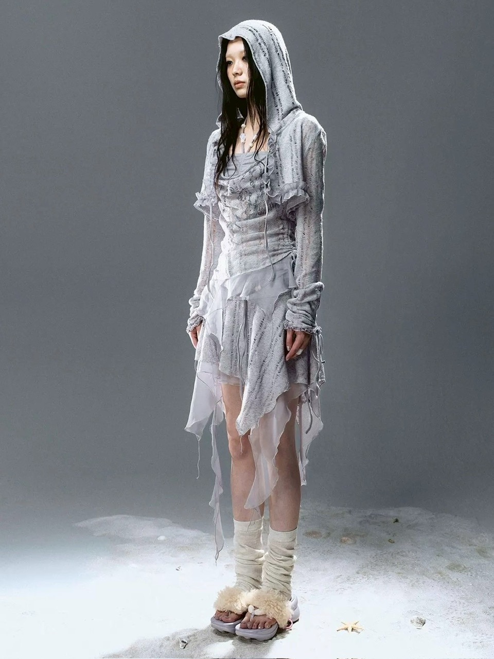 【Cest Nous】Misty Blue Cardigan  / 【セヌー】フードフリルシースルーカーディガン