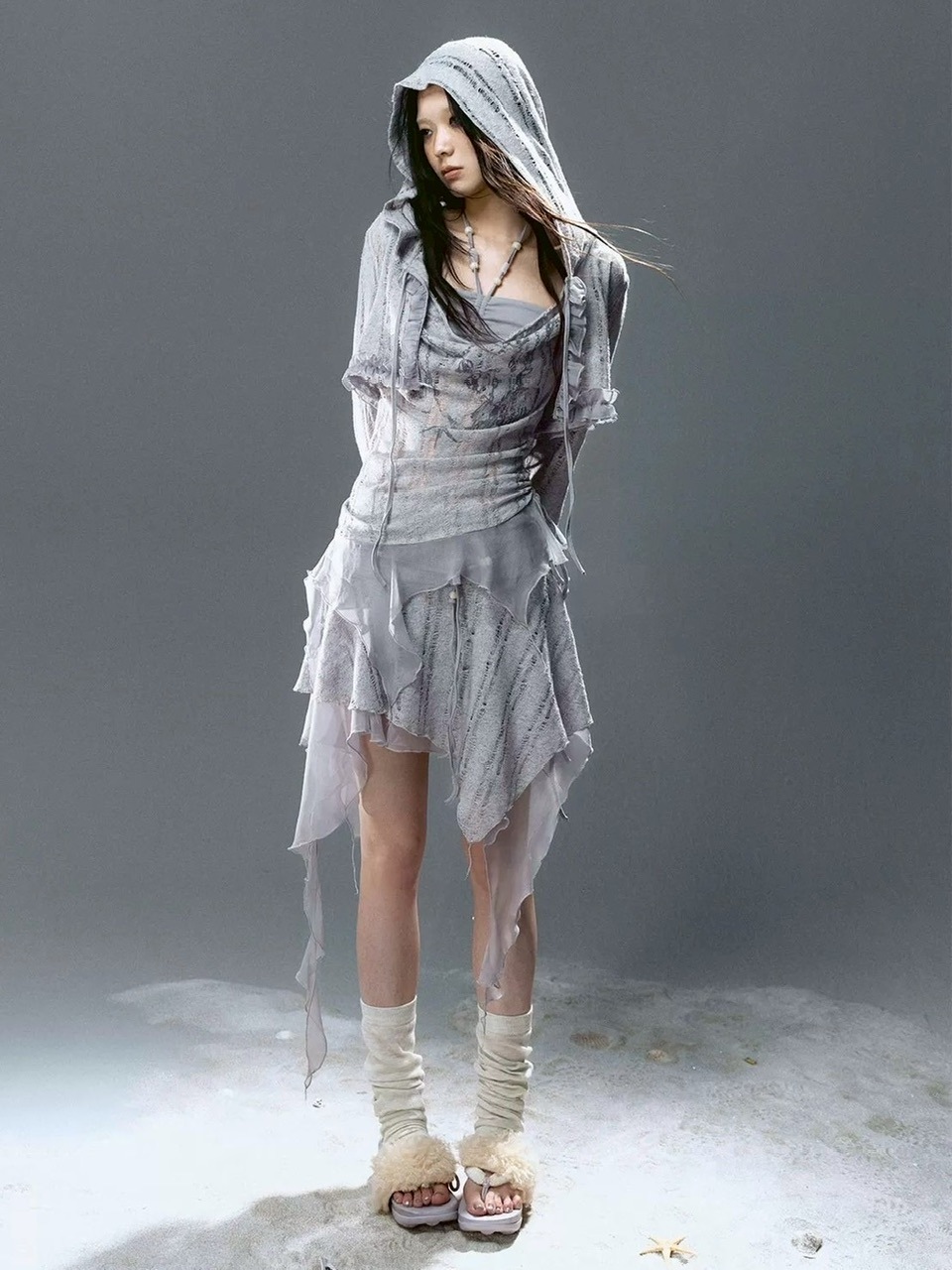 【Cest Nous】Misty Blue Cardigan  / 【セヌー】フードフリルシースルーカーディガン