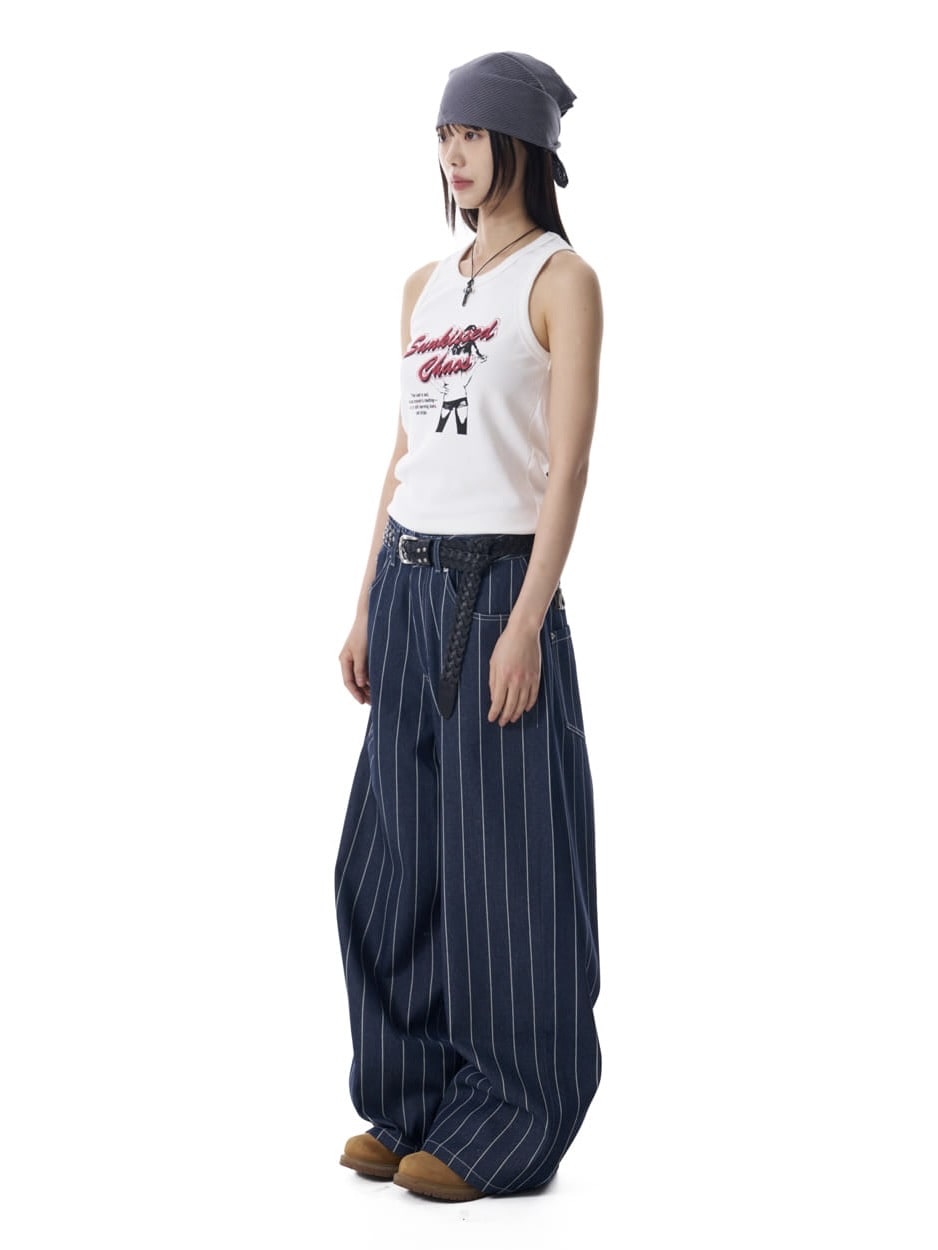 【AAKAM】Striped Cinch Back Denim Pants